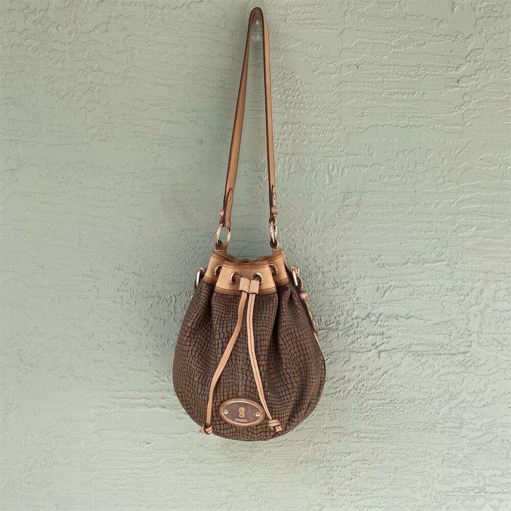 Fossil Women's Brown Alligator Print Leather Drawstring Bucket Bag